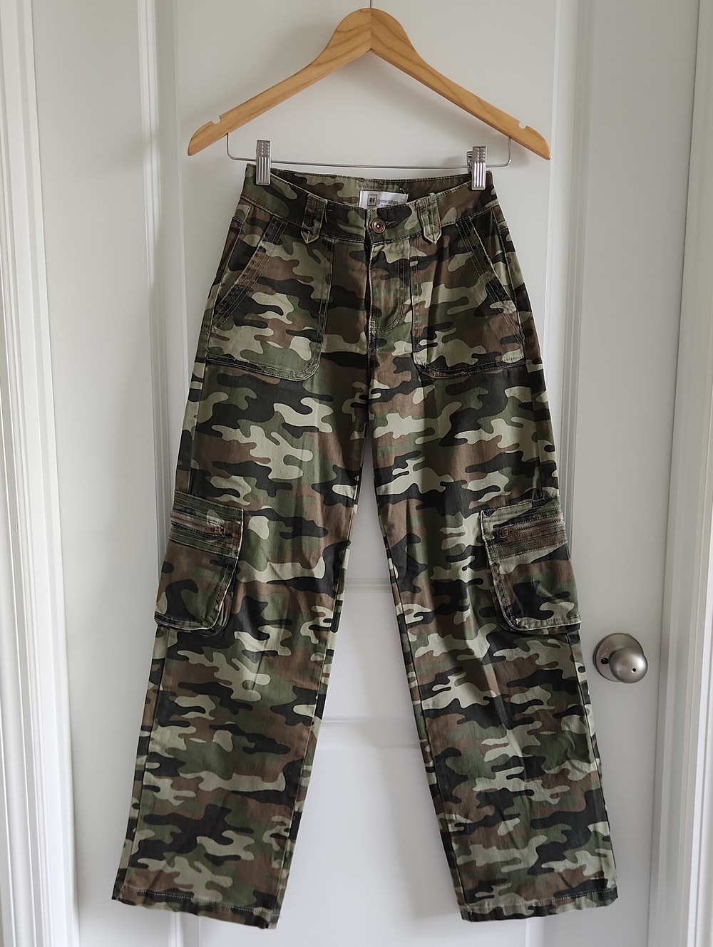 Army Green Camouflage Wide-Leg Denim Cargo Pants